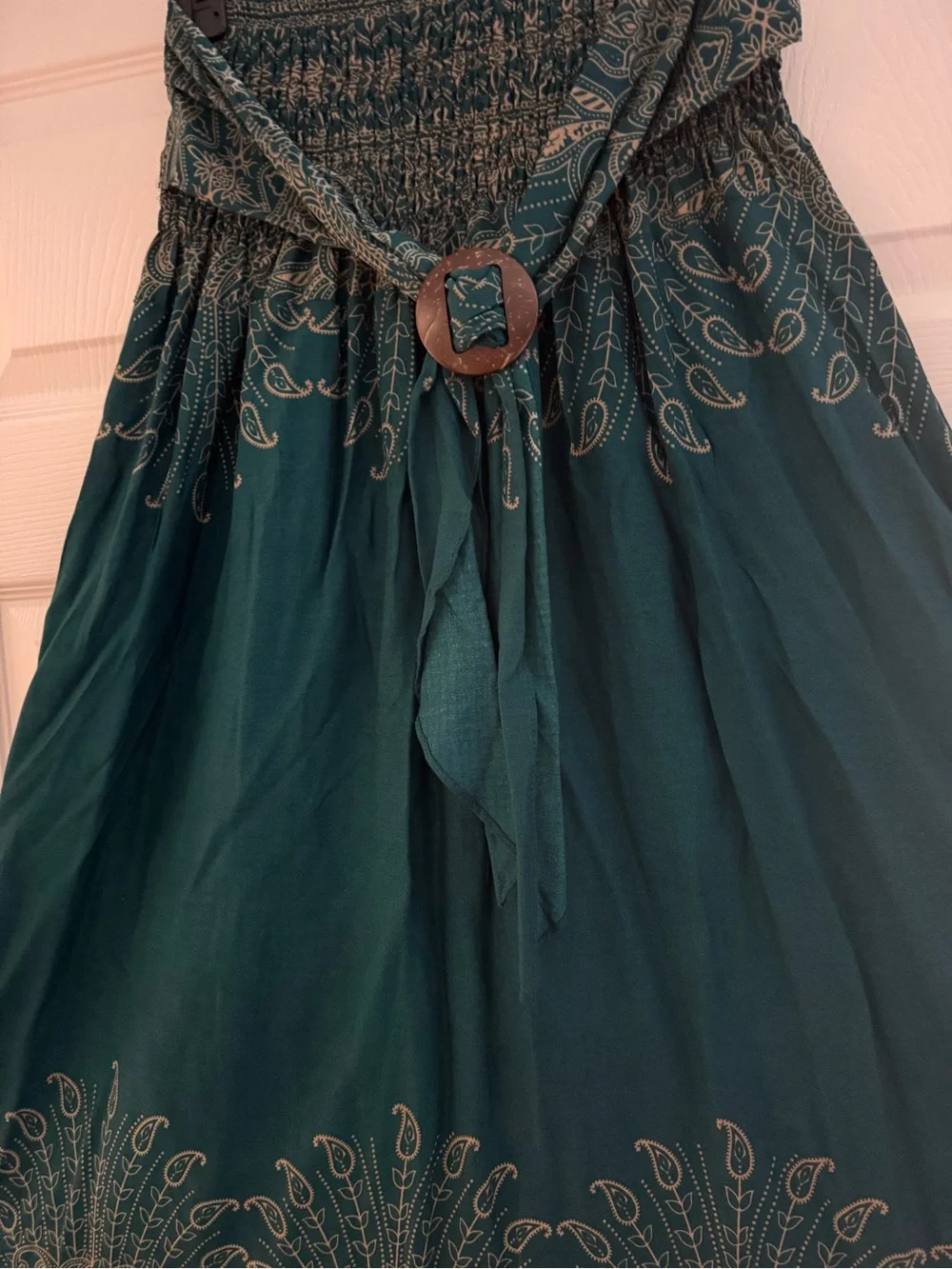 Teal Embroidered Maxi Skirt with Smocked Waist and Tie